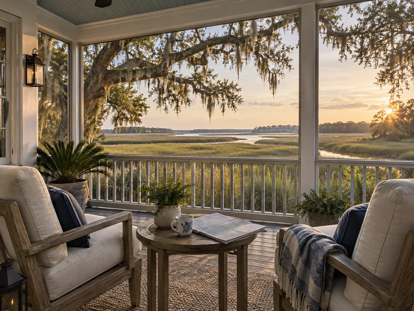 Coastal home porch overlooking a tidal marsh