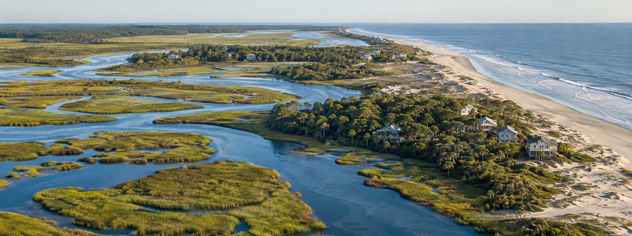 Georgia coast with marsh, tidal creeks, barrier island, and ocean
